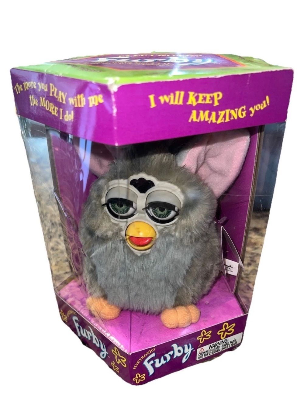 FURBY 1998 ORIGINAL 1st Generation GREY W/Pink Ears, Orange Feet Green Eyes NIB